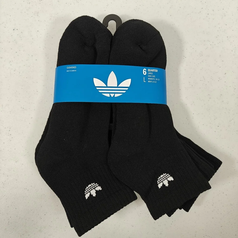 Adidas Originals Trefoil Cushioned Quarter Socks 6 Pair Black Men's L 6-12 New
